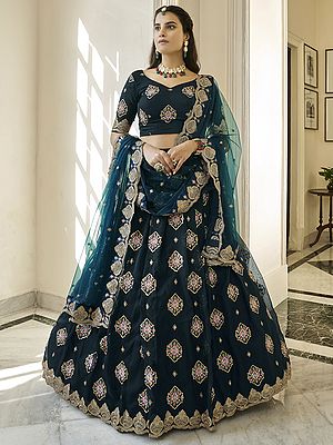 Dark-Teal-Blue Premium Organza Mughal Meena Butta Lehenga Choli With Zari, Thread, Sequins Embroidery And Butterfly Net Dupatta