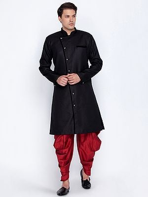 Cotton Blend Angrakha Style Sherwani With Cowl Style Patiala Dhoti