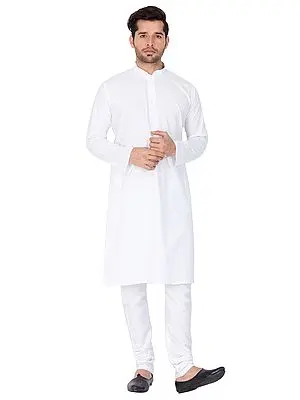 Brilliant-White Cotton Blend Plain Kurta with Churidar Pajama