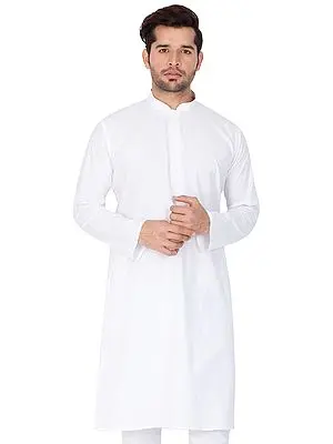 White Cotton Blend Plain Men's Kurta