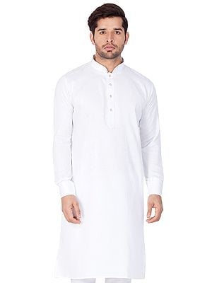 Bright-White Cotton Blend Buttoned Cuff Plain Men's Kurta With Churidar Pajama