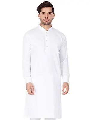 Bright-White Cotton Blend Buttoned Cuff Plain Men's Kurta with Churidar Pajama