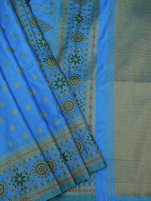 Malibu-Blue Satin Silk Banarasi Saree With Leaf Butta And All-Over Zari Woven