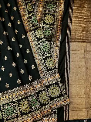 Black-Beauty Satin Silk Banarasi Saree with Butti Motif & Meena Work
