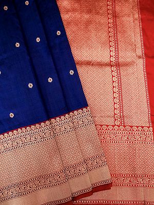 Navy-Blue Banarasi Pure Katan Silk Saree With Zari Bundi Motif On The Body And Contrast Broad Border
