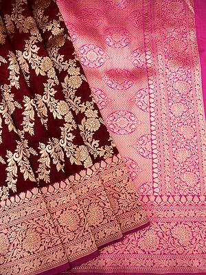 Red-Dahlia Brocaded Katan Silk Banarasi Saree With Zari-Woven Damask Floral Vine Pattern