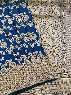 Imperial-Blue Pure Opera Silk Banarasi Saree with Jaal Pattern & All-Over Zari Work