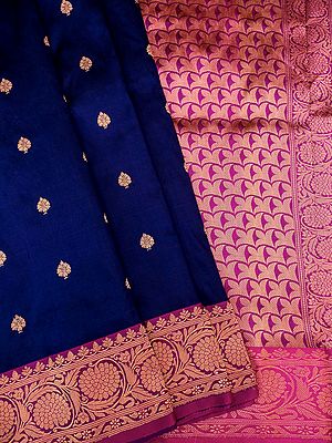 Navy-Blue Pure Opera Silk Banarasi Saree With Zari Butti And Floral Bail Pattern Border