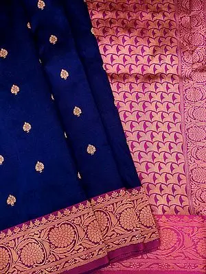 Navy-Blue Pure Opera Silk Banarasi Saree with Zari Butti & Floral Bail Border