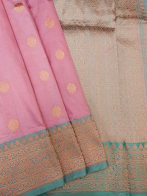 Lilac-Sachet Pure Katan Silk Banarasi Saree With Chakram Motif With Vine Pattern Border