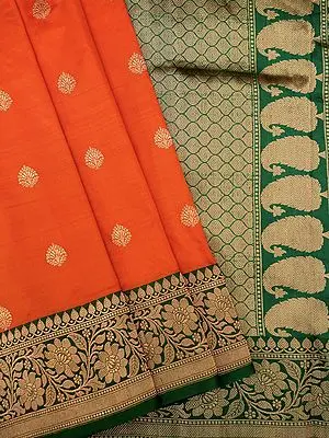 Vermillion-Orange Katan Silk Banarasi Saree With Floral Butti With Ogee Pattern Pallu