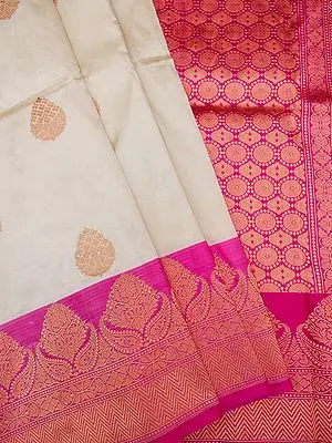 Cannoli-Cream Banarasi Pure Katan Silk Saree With Zari Mughal Motif And Mango Pattern Border