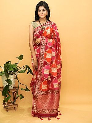 Banarasi Fancy Patola Saree With Brocaded Peacock-Elephant Motif And Bail Pattern Border