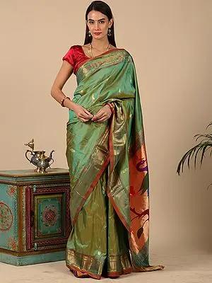 Iridescent (Dhoop Chaanv Shade) Fancy Brocade Pallu Mor Butti Paithani Saree From Maharashtra With Bold Pair Of Peacock On Pallu