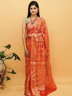 Orangeade Banarasi Pure Dupian Silk Meena Work Saree With Floral-Paisley Motif Border