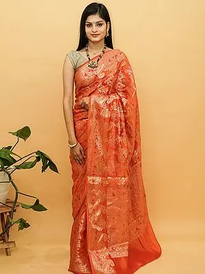 Orangeade Banarasi Pure Dupion Silk Saree with Meena Work & Floral-Paisley Border