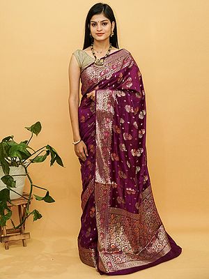 Purple Pure Dupian Silk Banarasi Meena Butta Saree And Creeping Vines Pattern Pallu