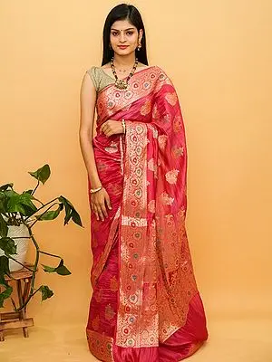 Rouge-Red Pure Dupian Silk Mughal Paisley Motif Banarasi Saree With Vine Pattern Border