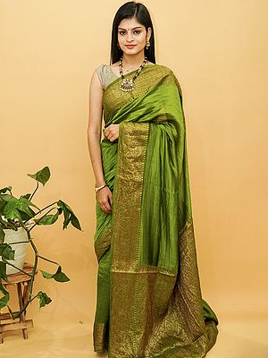Banarasi Pure Silk Plain Saree With Floral Motif On Border-Pallu