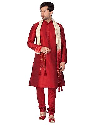 Silk Blend Kurta with Churidar Pajama and Tie-Dye Pattern Crushed Dupatta