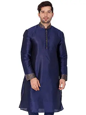 Blue Silk Blend Kurta With Banarasi Brocade Collar