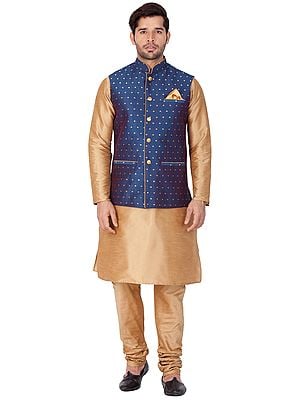 Silk Blend Golden Kurta and Churidar Pajama and Modi Jacket