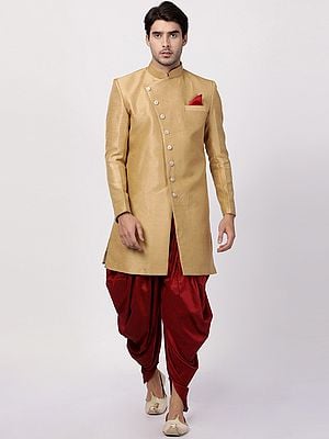 Silk Blend Indo-Western Style Sherwani in Angrakha Pattern With Cotton Blend Patiala Style Dhoti
