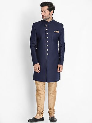 Polyester Lurex Blend Indo-Western Style Sherwani with Silk Blend Churidar Pajama