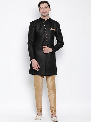 Polyester Lurex Blend Indo-Western Style Black Sherwani With Rose Gold Silk Blend Churidar Pajama