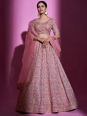 Mauve Georgette Meena Mughal Motif Lehenga Choli with Thread, Zari, Swarovski Embroidery, And Soft Net Dupatta