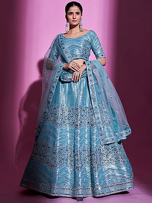 Firozi Gota Silk Chevron-Vine Pattern Lehenga Choli With Sequins, Dori, Mirror Embroidery And Soft Net Dupatta