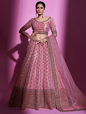 Pink Gota Silk Floral Butti Embroidered Lehenga Choli With Thread, Zari, Stone Work And Soft Net Dupatta