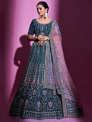 Crepe Meena Laddi-Mughal Pattern Lehenga Choli with Sequins, Mirror, Thread Work, And Soft Net Dupatta