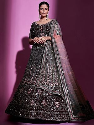 Crepe Meena Laddi-Mughal Pattern Lehenga Choli with Sequins, Mirror, Thread Work, And Soft Net Dupatta