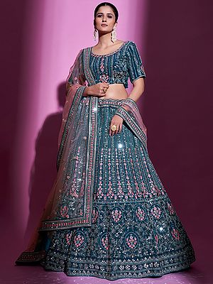 Teal-Blue Crepe Meena Laddi-Mughal Pattern Lehenga Choli With Sequins, Mirror, Thread Work And Soft Net Dupatta