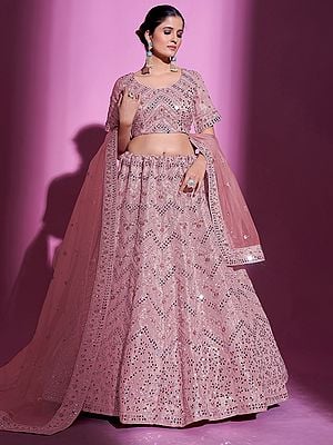 Gota Silk Embroidered Lehenga Choli with Chevron Pattern Sequins, Dori, Mirror, Thread Work and Soft Net Dupatta