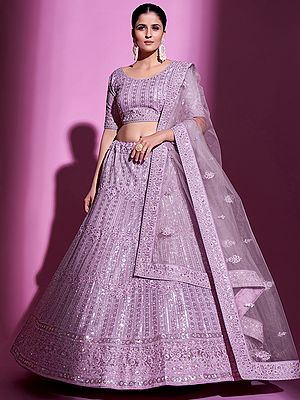 Lilac Soft Net Lehenga Choli With Laddi Pattern Sequins, Dori, Zarkan Embroidery And Dupatta
