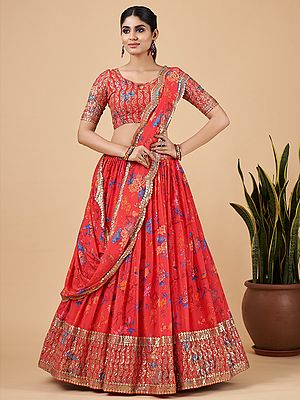 Faux Georgette Floral Pattern Lehenga Choli With Zari-Sequins Embroidery And Scalloped Dupatta