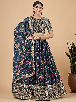 Faux Georgette Floral Pattern Lehenga Choli with Zari-Sequins Embroidery and Scalloped Dupatta