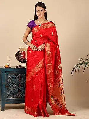 Poppy-Red Maharani Double Pallu Paithani Saree from Maharashtra with Bold Peacock Motif