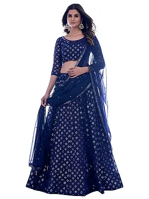 Navy-Blue Georgette Chowkadi Motif Lehenga Choli with Sequins-Thread Embroidery and Matching Dupatta