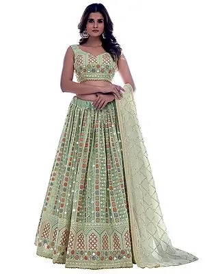 Pista-Green Georgette Lehenga Choli with African Pattern Multicolor Sequins-Thread Embroidery and Dupatta