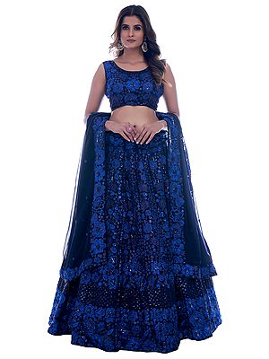 Navy-Blue Georgette Floral Vine Motif Designer Lehenga Choli With Sequins-Thread Embroidery And Dupatta