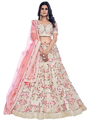 White Soft Net Chakra Motif Lehenga Choli With Floral Meena Dori, Thread, Sequins, Zarkan Work And Dupatta