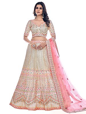 White Soft Net Lehenga Choli With Floral Meena Dori, Thread, Sequins, Zarkan Embroidery And Dupatta