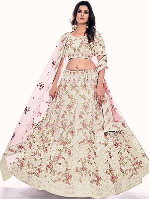 Lehenga Choli Set in Soft Net with Zarkan Embroidered Quatrefoil-Floral Pattern and Sequins Work
