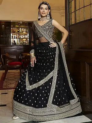 Black Soft Net Butti Motif Lehenga and Arti Silk Choli with All-Over Zari-Sequins Work and Dupatta