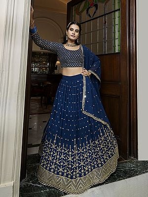 Blue Georgette Lehenga And Arti Silk Choli With All-Over Zari-Sequins Work And Dupatta