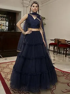 Navy-Blue Plain Ruffle Pattern Soft Net Lehenga with Art Silk Choli and Dupatta
