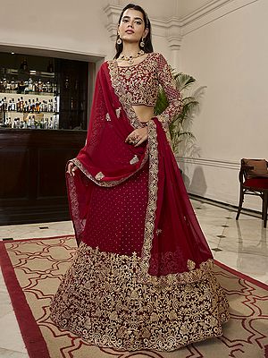 Red Georgette Dotted Swiss Pattern Lehenga Choli With Dori-Sequins Embroidery Dupatta